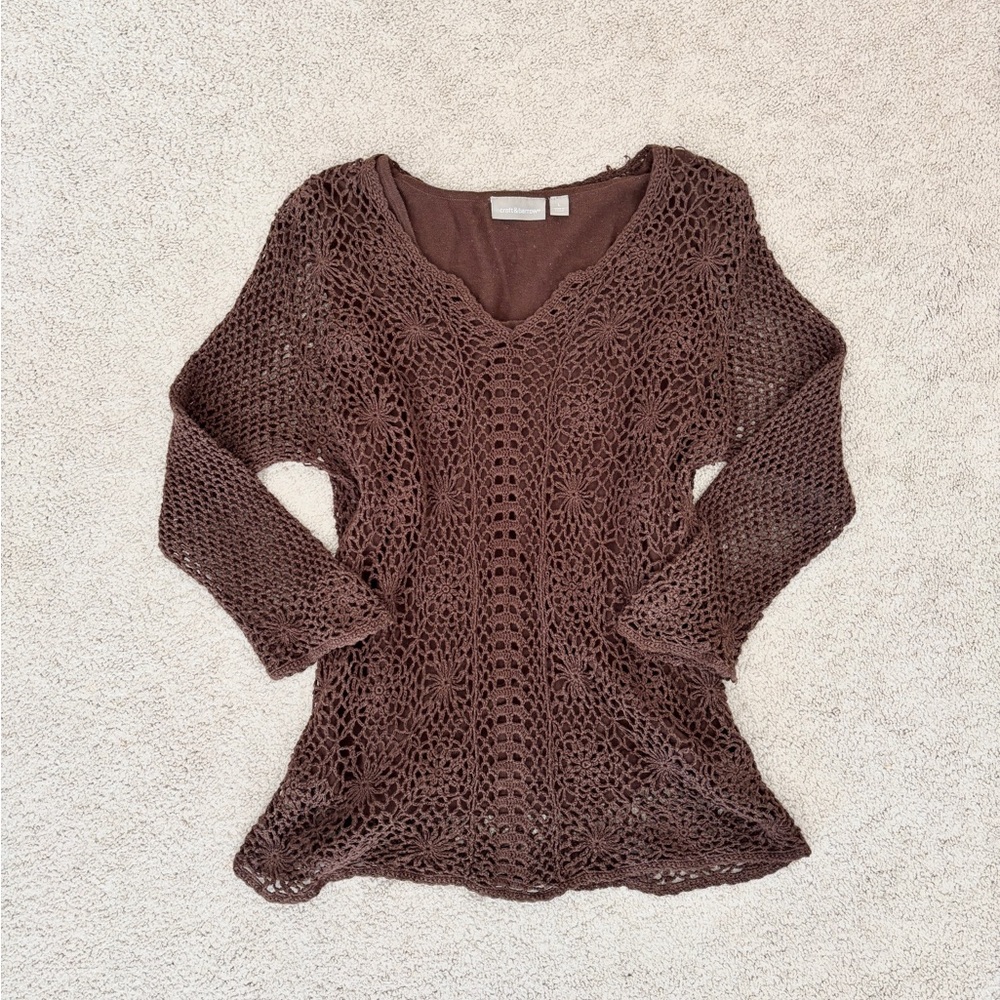 Croft & Barrow Brown Crochet Y2K Flare Sleeved Sweater
